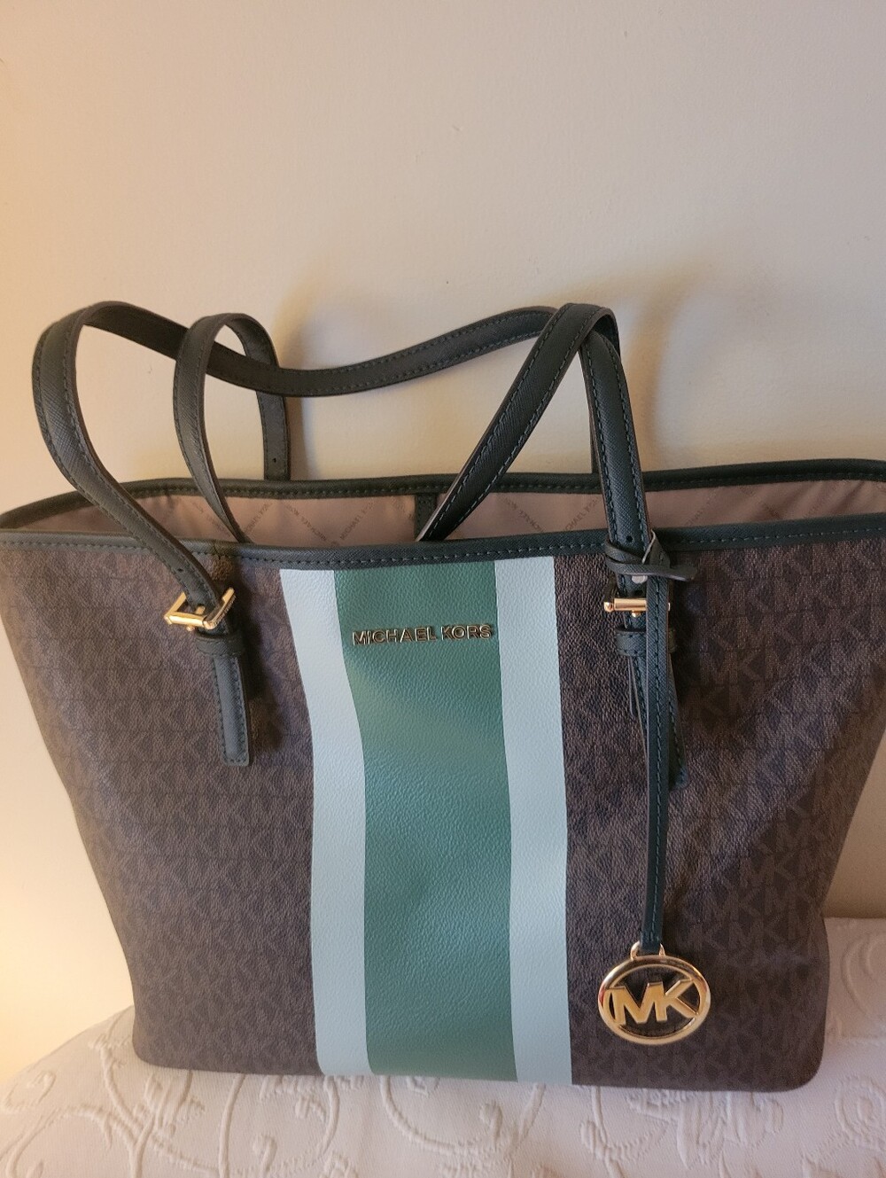 Michael Kors Women's Brown Tote Bag with Green Stripe